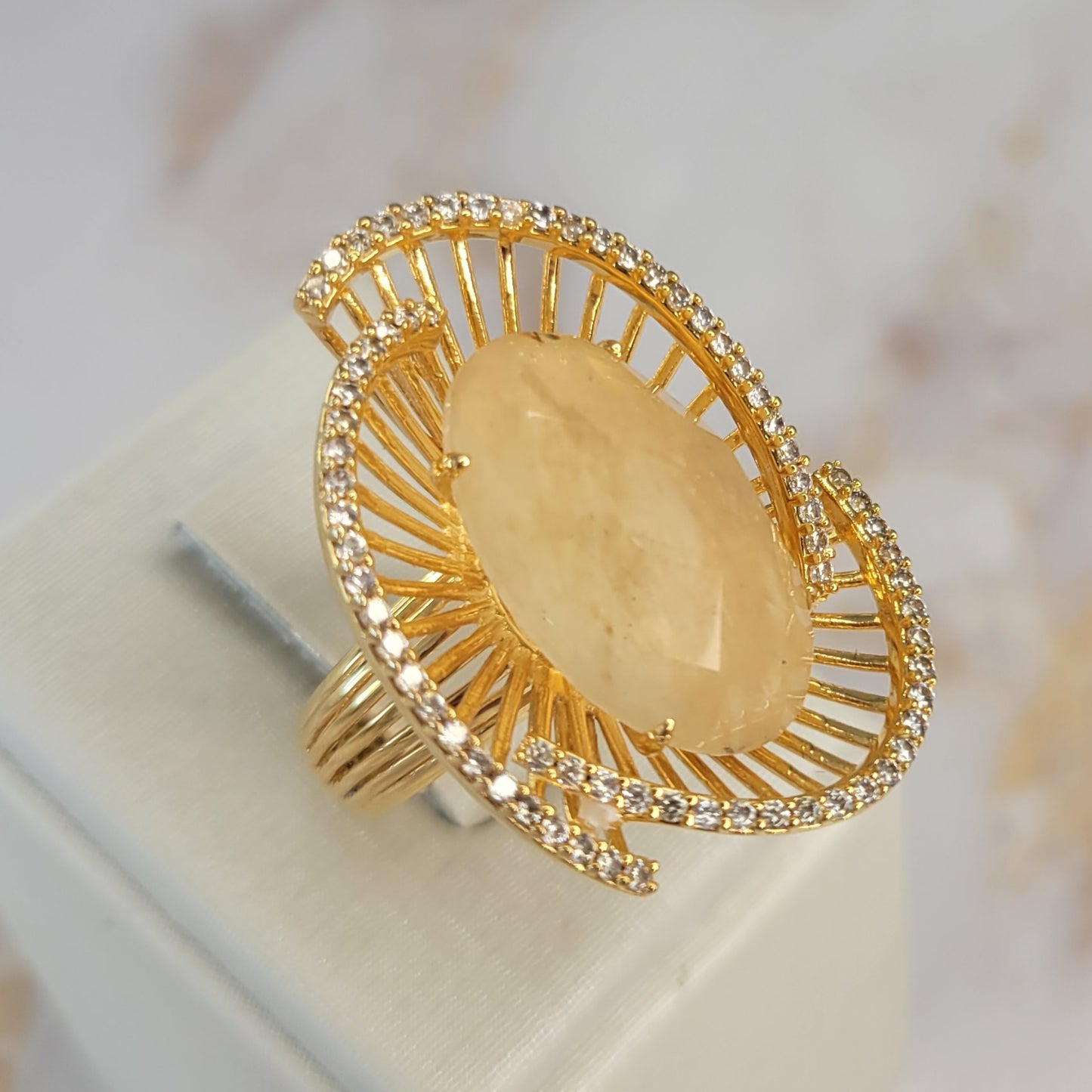 18K Gold Plated Rutilated Quartz Studded Zirconia Ring