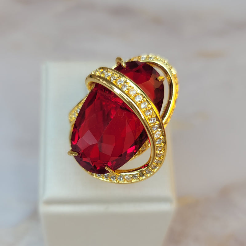 18K Gold Plated  Oval Ruby Studded Zirconia Track Ring