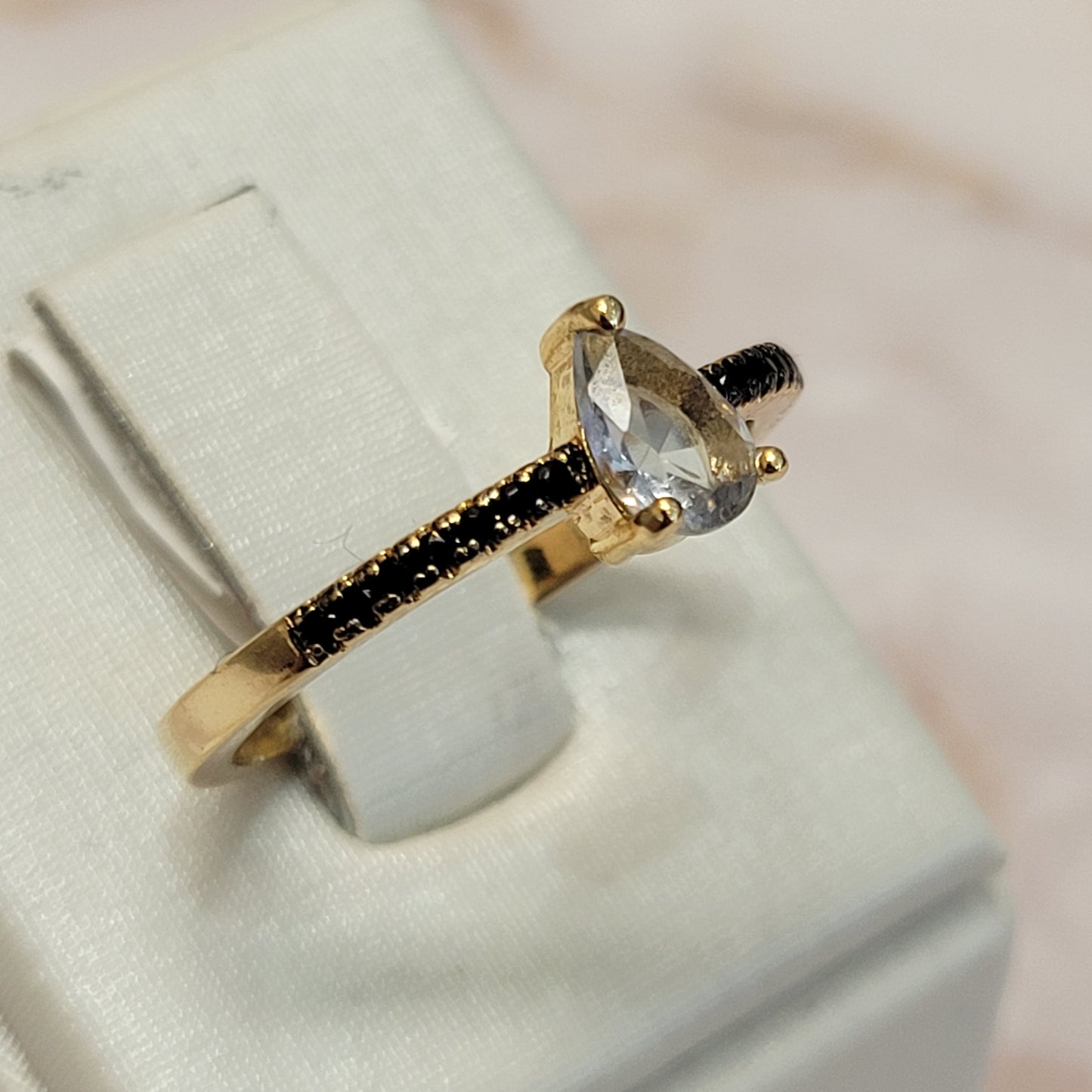 18K Gold Plated Small Black Crystals with Crystal Teardrop Ring