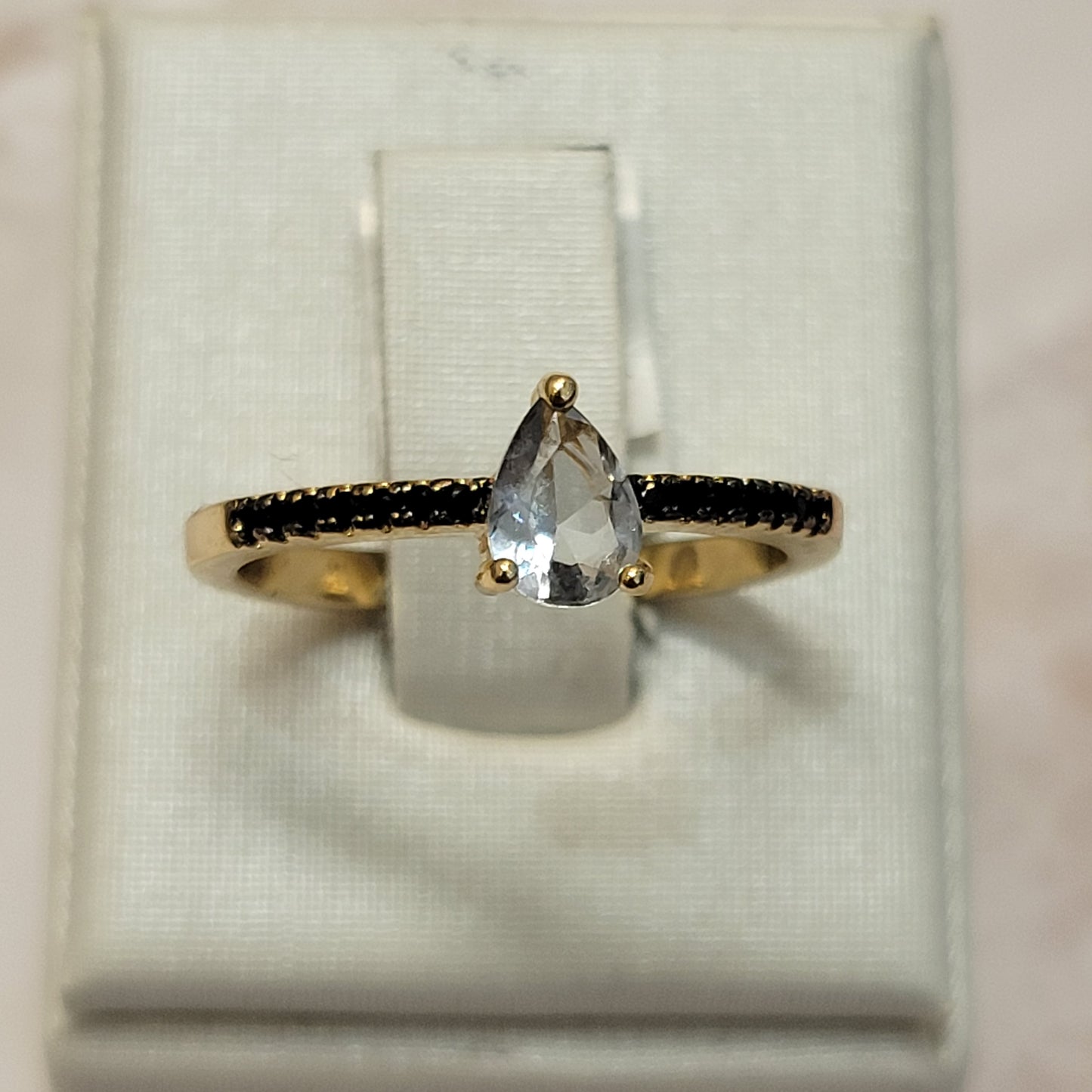 18K Gold Plated Small Black Crystals with Crystal Teardrop Ring
