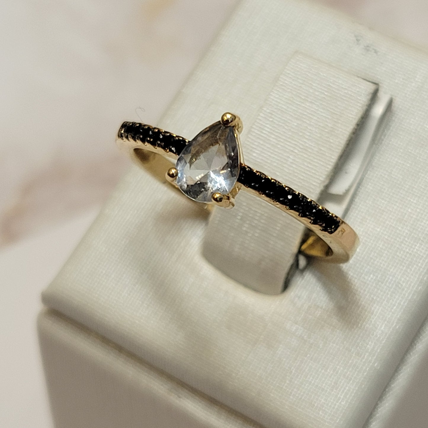 18K Gold Plated Small Black Crystals with Crystal Teardrop Ring