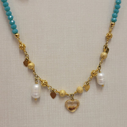 18K Gold Plated and Studded Zirconia Heart Pearls Necklace