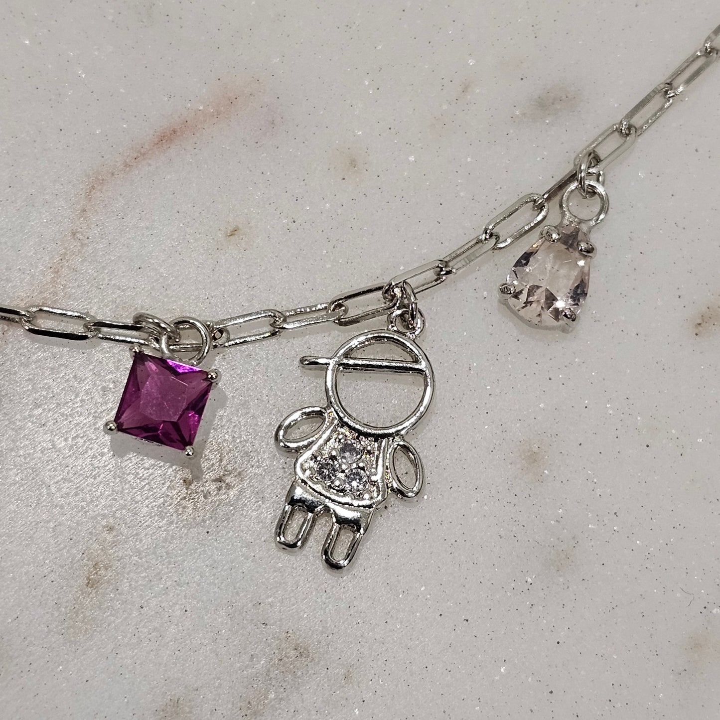 White Rhodium Paperclip Necklace with Boy and Girl Charms