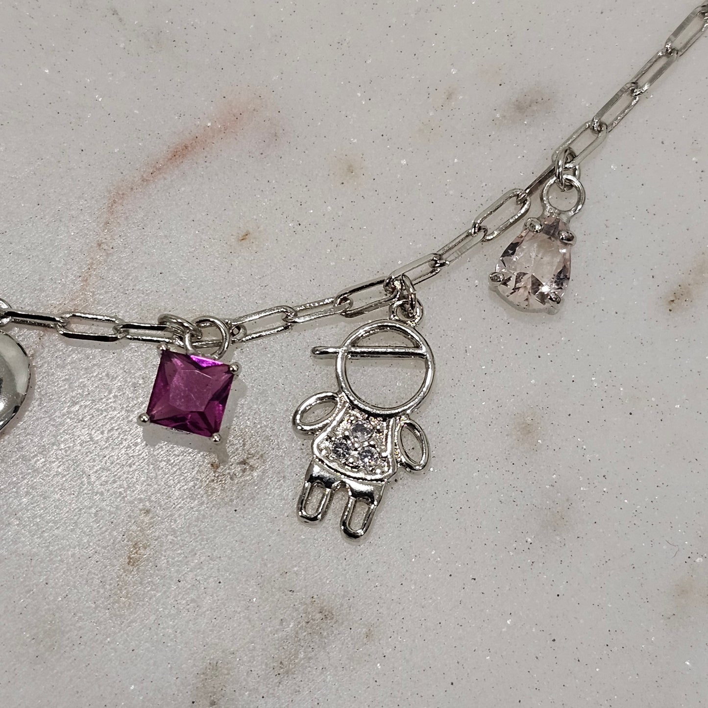 White Rhodium Paperclip Necklace with Boy and Girl Charms