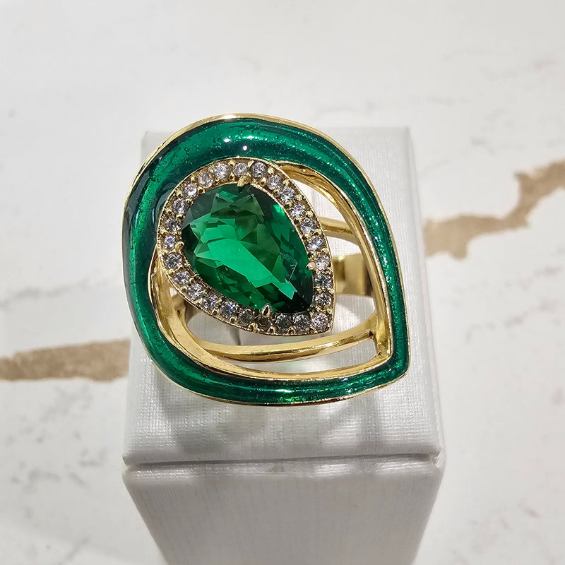 18K Gold Plated Colombian Emerald Teardrop Surrounded By Studded Zirconia Ring