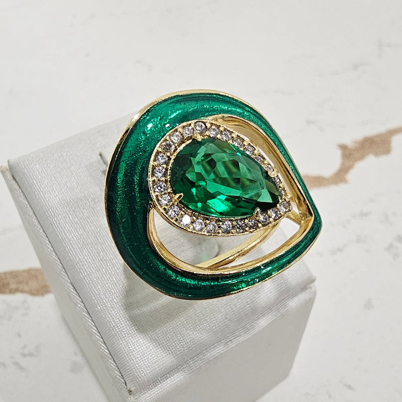 18K Gold Plated Colombian Emerald Teardrop Surrounded By Studded Zirconia Ring