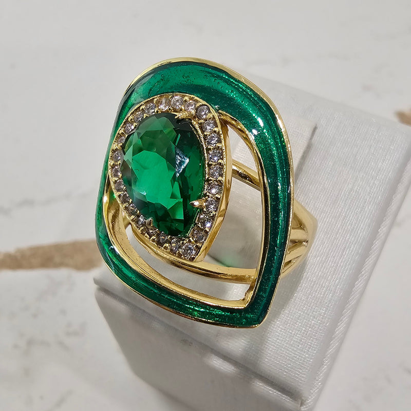 18K Gold Plated Colombian Emerald Teardrop Surrounded By Studded Zirconia Ring