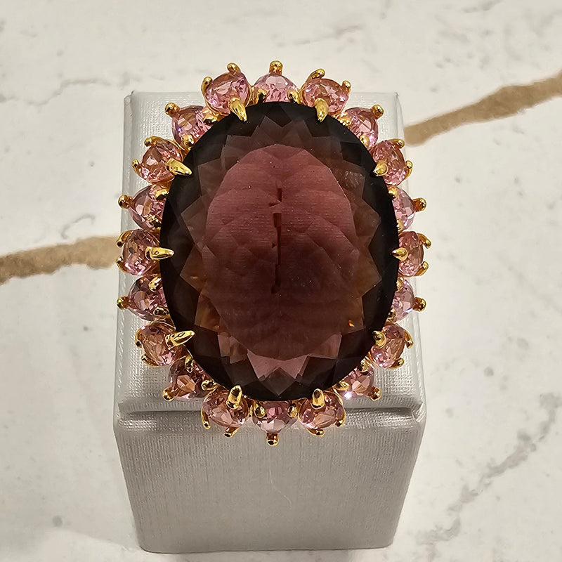 18K Gold Plated Oval Amethyst Studded around Pink Sapphire Ring