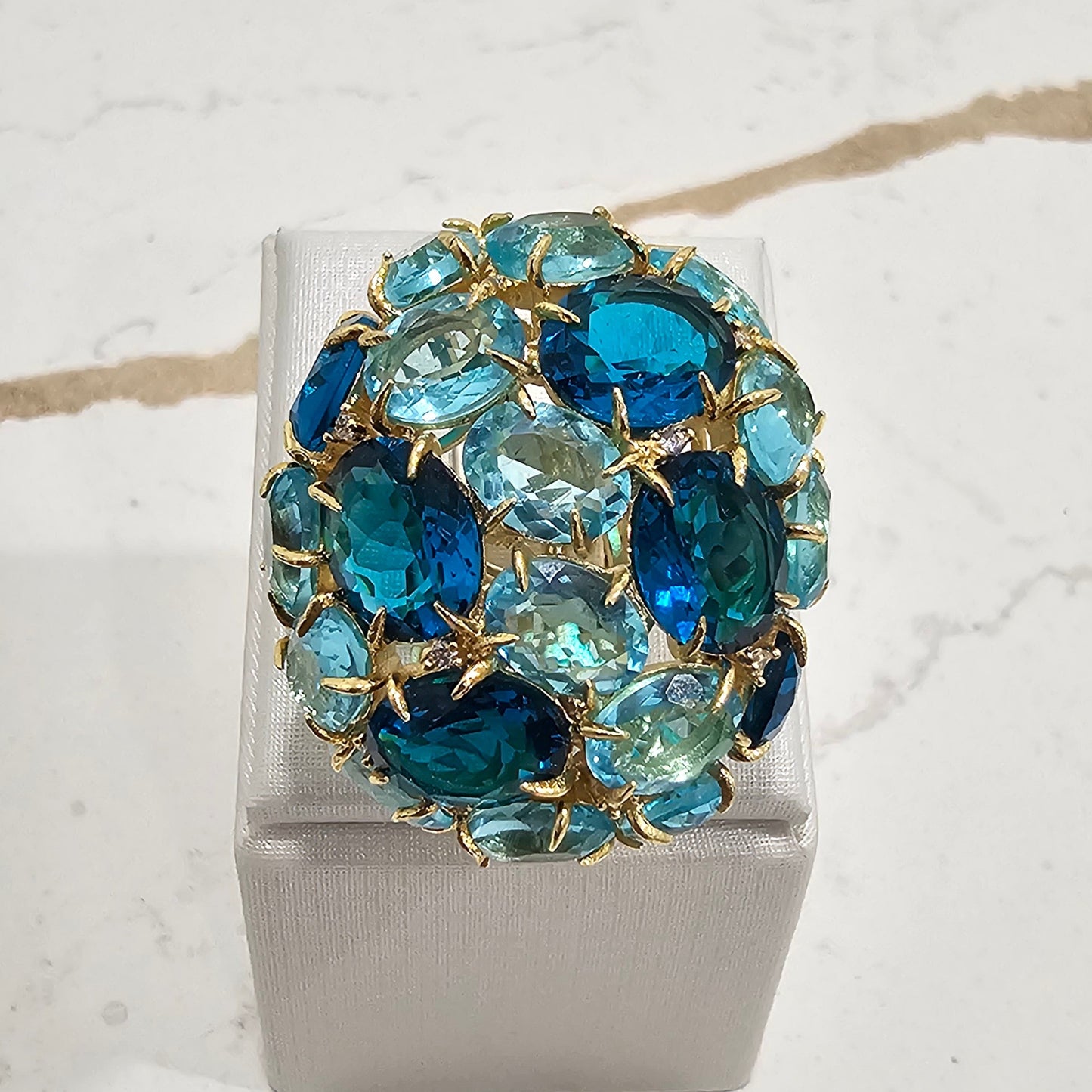 18K Gold Plated Oval Aquamarine and London Topaz Stones Ring