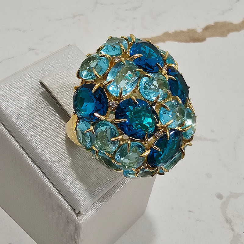 18K Gold Plated Oval Aquamarine and London Topaz Stones Ring