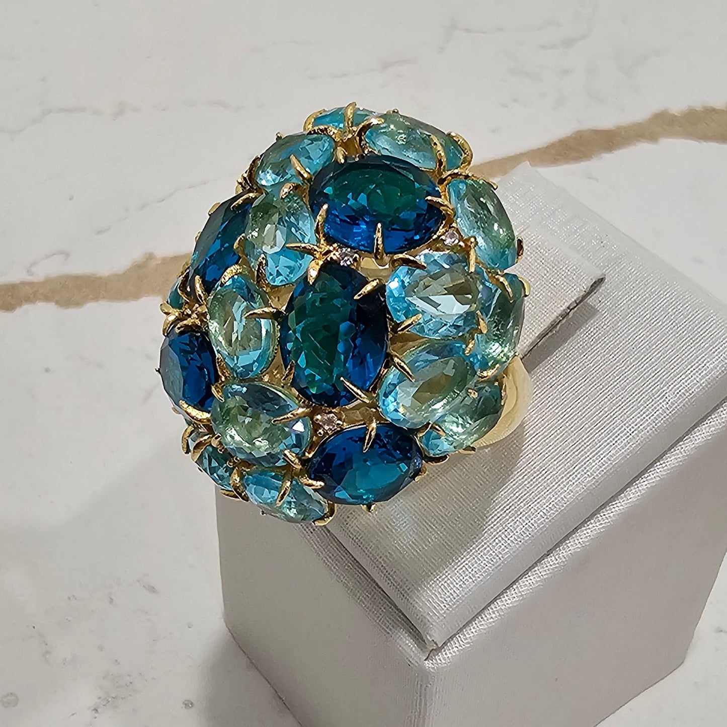 18K Gold Plated Oval Aquamarine and London Topaz Stones Ring