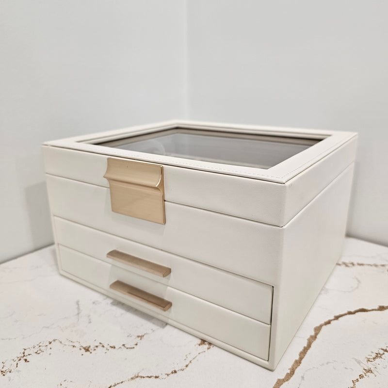 Jewelry Box with Glass Lid, 3-Layer Jewelry Organizer, 2 Drawers, 8 x 9.1 x 5.3 Inches