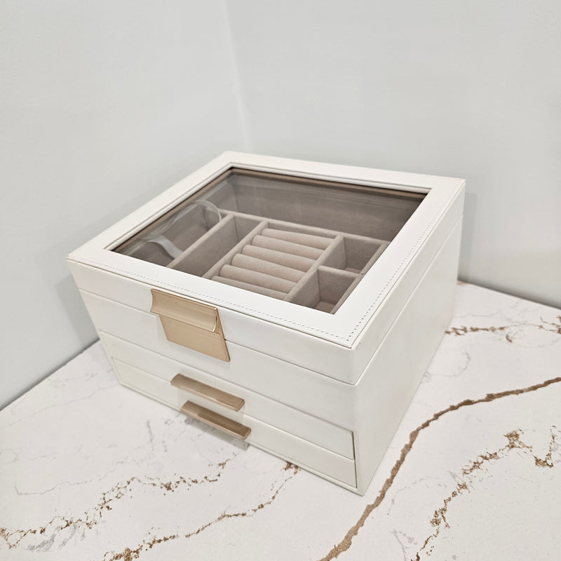 Jewelry Box with Glass Lid, 3-Layer Jewelry Organizer, 2 Drawers, 8 x 9.1 x 5.3 Inches