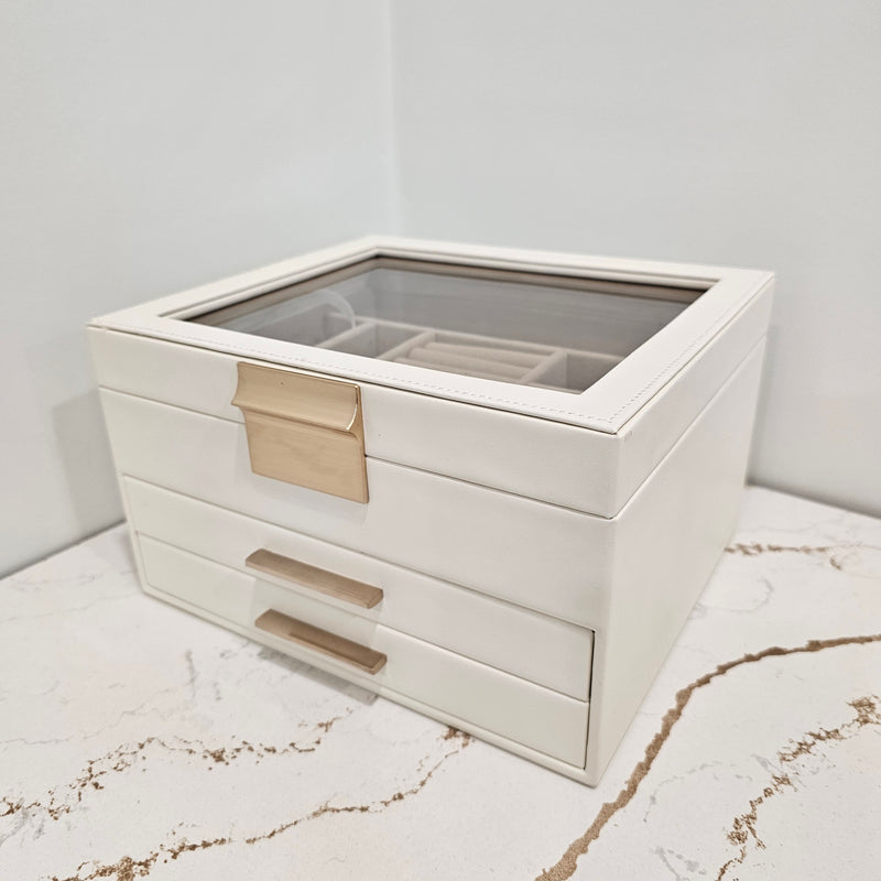 Jewelry Box with Glass Lid, 3-Layer Jewelry Organizer, 2 Drawers, 8 x 9.1 x 5.3 Inches