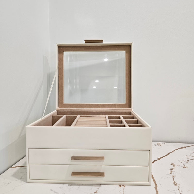 Jewelry Box with Glass Lid, 3-Layer Jewelry Organizer, 2 Drawers, 8 x 9.1 x 5.3 Inches