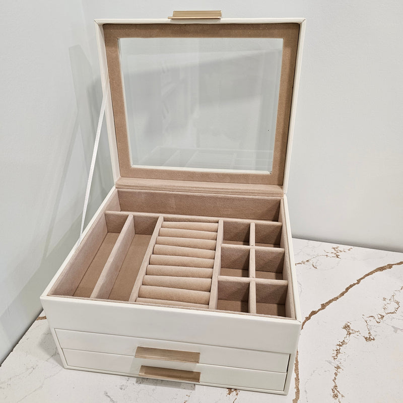 Jewelry Box with Glass Lid, 3-Layer Jewelry Organizer, 2 Drawers, 8 x 9.1 x 5.3 Inches