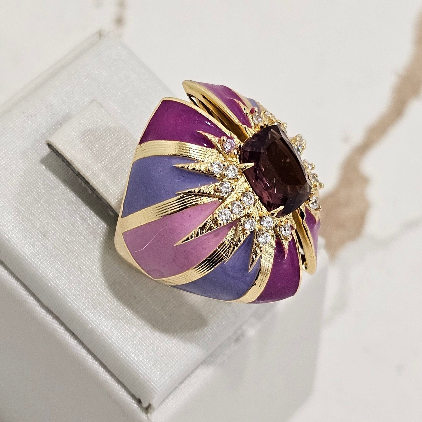 18K Gold Plated Purple Italian Enameling Pink Studded Zirconia Square Amethyst Ring