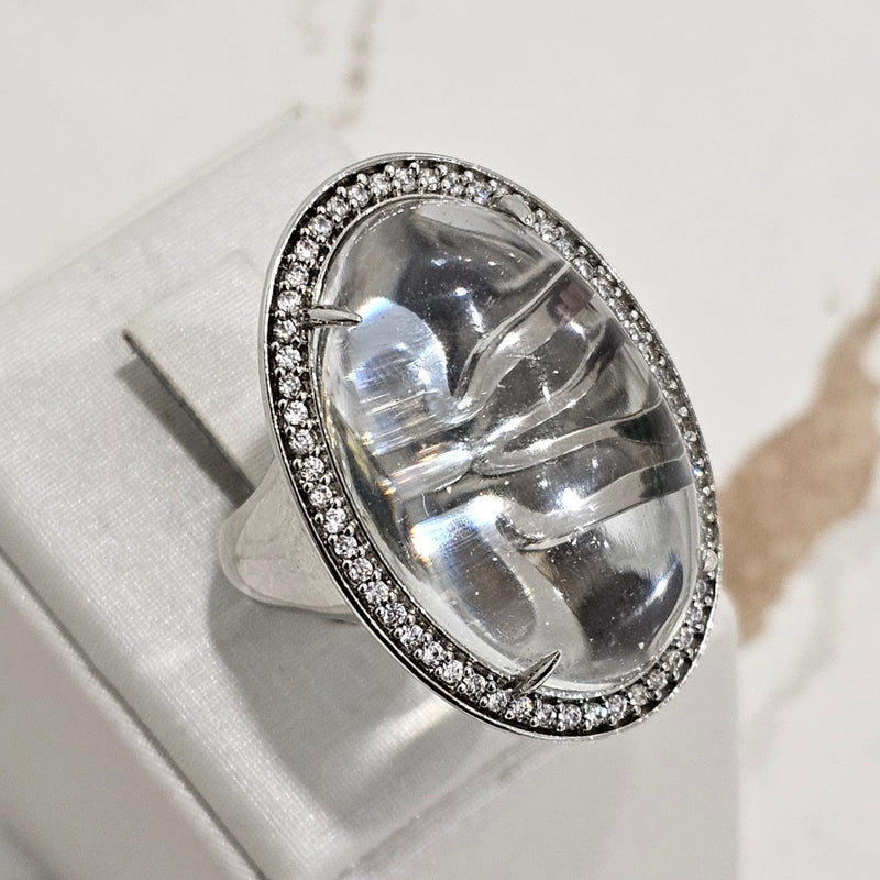 White Rhodium Plated Oval Crystal Cabochon Ring