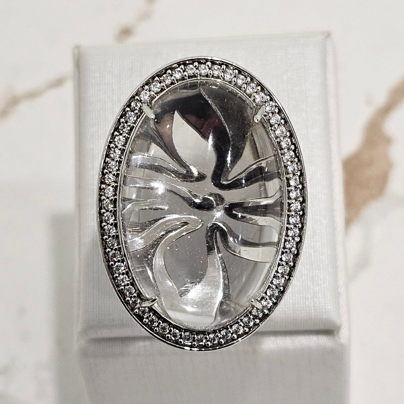 White Rhodium Plated Oval Crystal Cabochon Ring