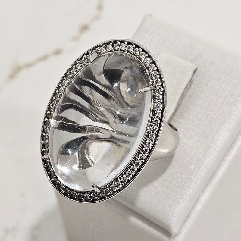 White Rhodium Plated Oval Crystal Cabochon Ring