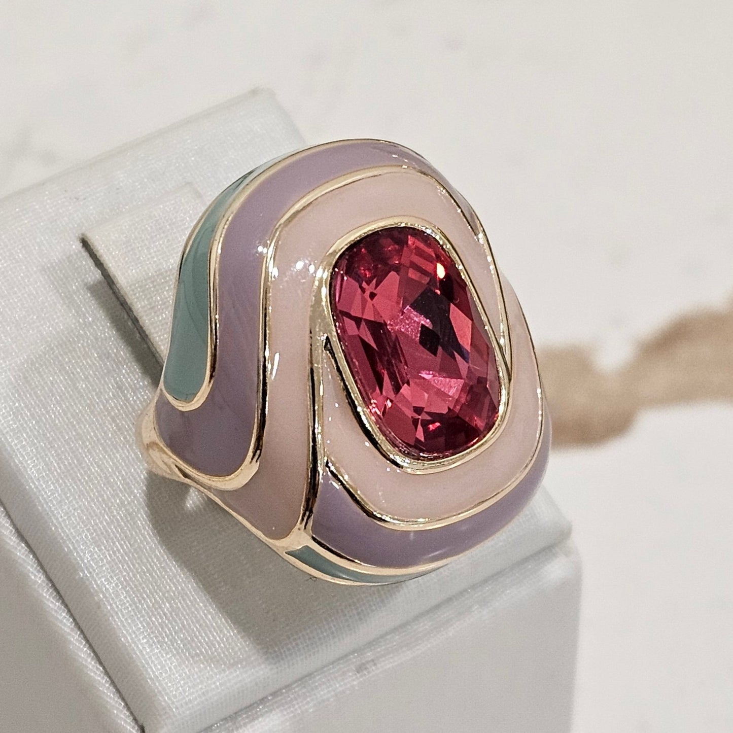 18K Gold Plated Color Enameling Pink Crystal Ring