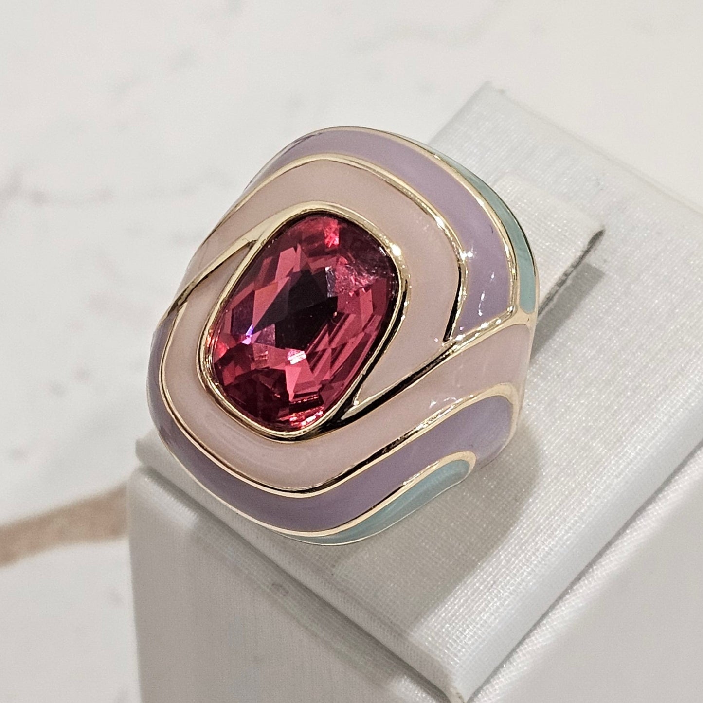 18K Gold Plated Color Enameling Pink Crystal Ring