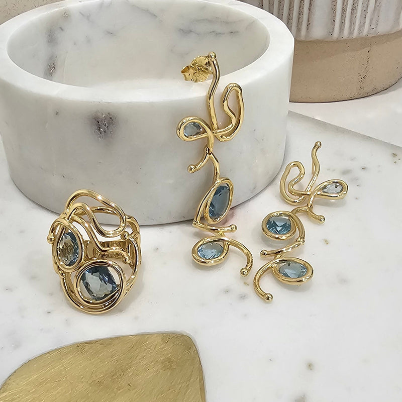 18K Gold Plated Organic Aquamarine Dangling Earrings