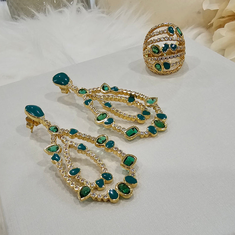 18K Gold Plated Chandelier Green Paraiba Enameling Earrings