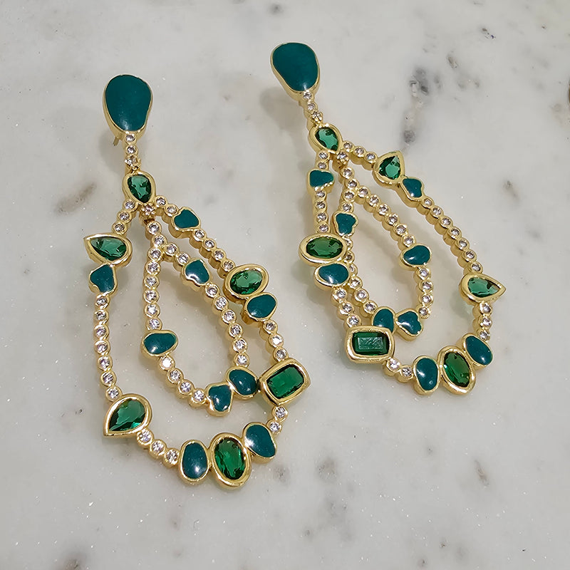 18K Gold Plated Chandelier Green Paraiba Enameling Earrings