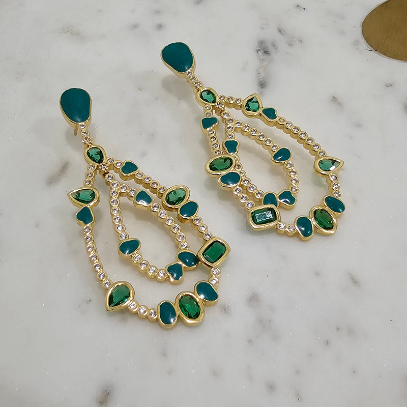 18K Gold Plated Chandelier Green Paraiba Enameling Earrings