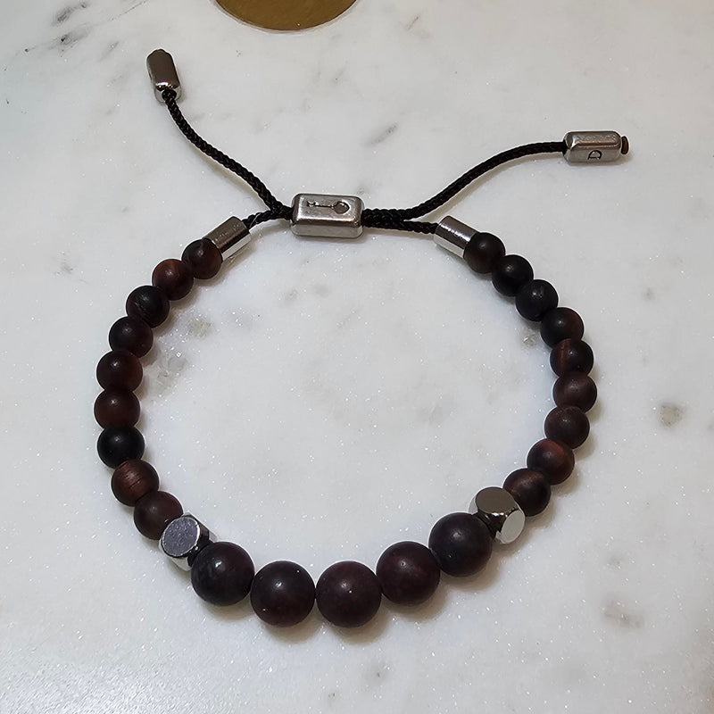 Men's Adjustable Bracelet with wood balls and stainless steel.