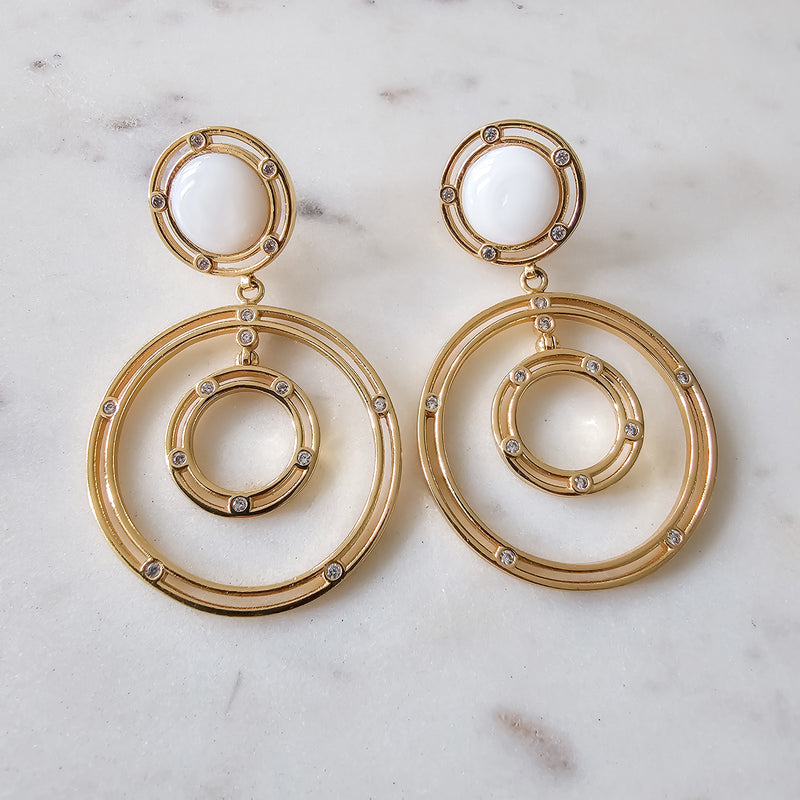 18K Gold Plated Chandelier White Onyx Circular Hoops Micro Zirconia Earrings