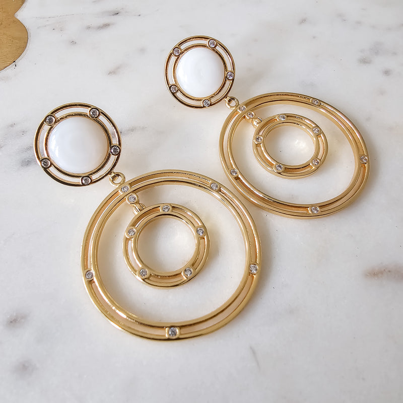 18K Gold Plated Chandelier White Onyx Circular Hoops Micro Zirconia Earrings