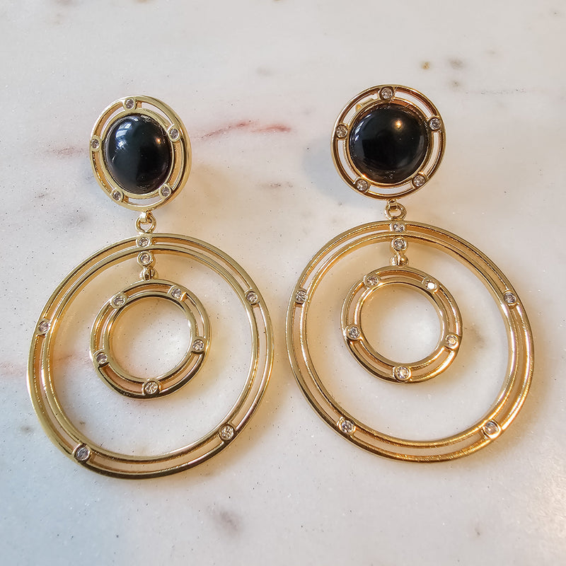 18K Gold Plated Chandelier Onyx Circular Hoops Micro Zirconia Earrings