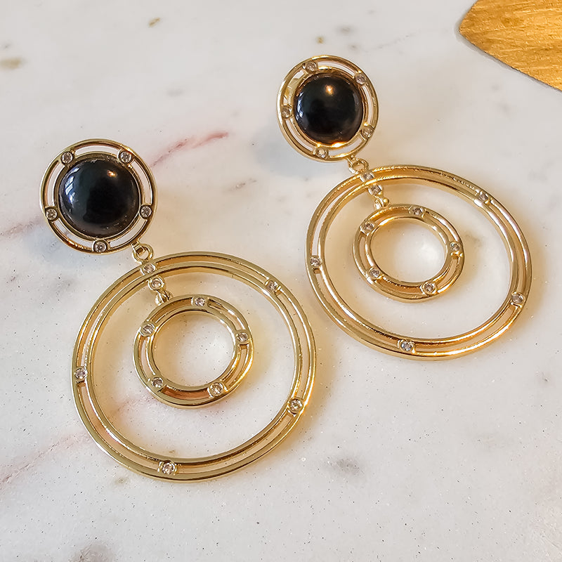 18K Gold Plated Chandelier Onyx Circular Hoops Micro Zirconia Earrings