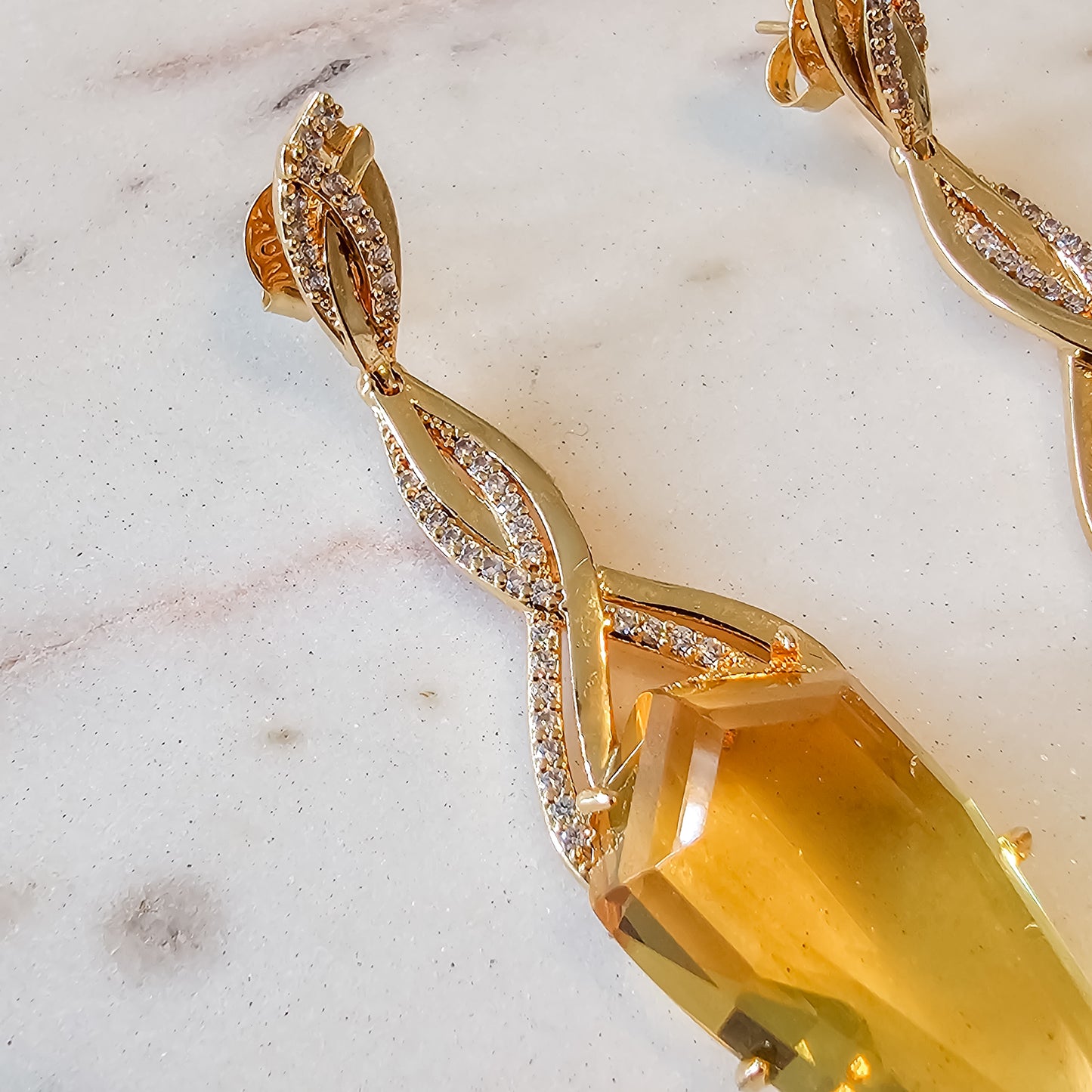 18K Gold Plated Long Citrine Topaz Studded Zirconia Earrings