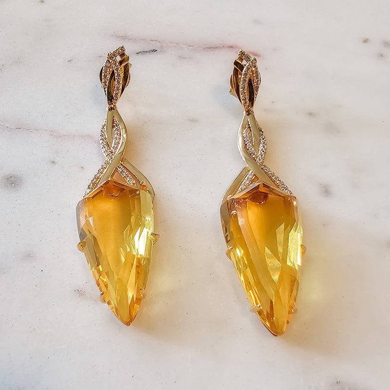 18K Gold Plated Long Citrine Topaz Studded Zirconia Earrings