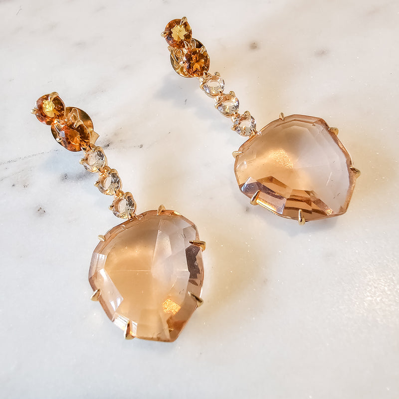 18K Gold Plated Large Morganite and Small Round Imperial Topaz, Morganite Earrings