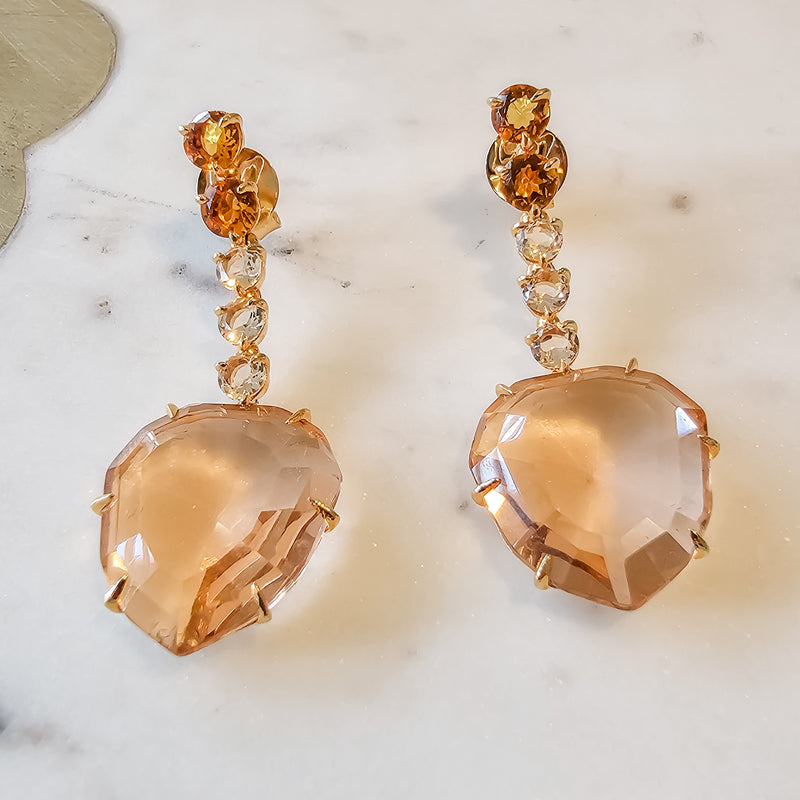 18K Gold Plated Large Morganite and Small Round Imperial Topaz, Morganite Earrings