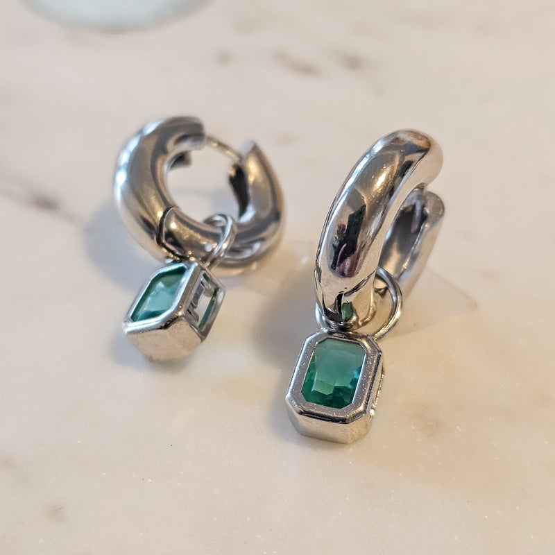 White Rhodium Plated Tube Hoops with Green Square Zirconia Earrings