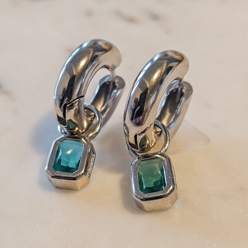 White Rhodium Plated Tube Hoops with Green Square Zirconia Earrings