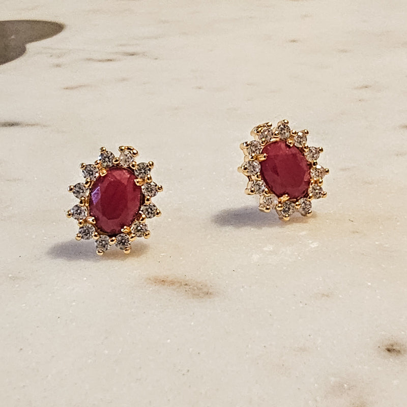 18K Gold Plated Round Red Studded Zirconia Earrings