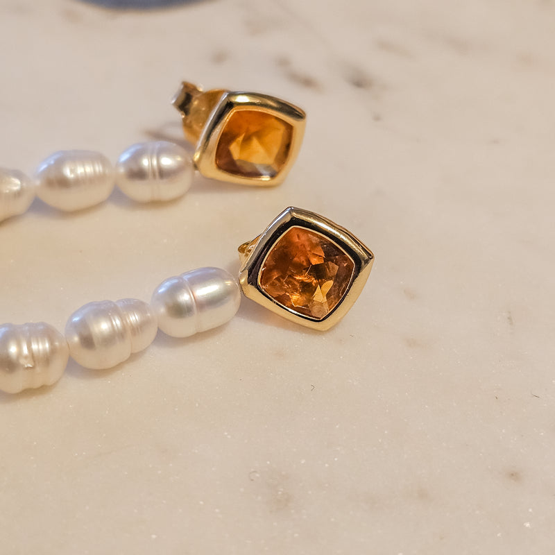 18K Gold Plated Square Imperial Topaz Pearls and Smoky Quartz Teardrop Earrings