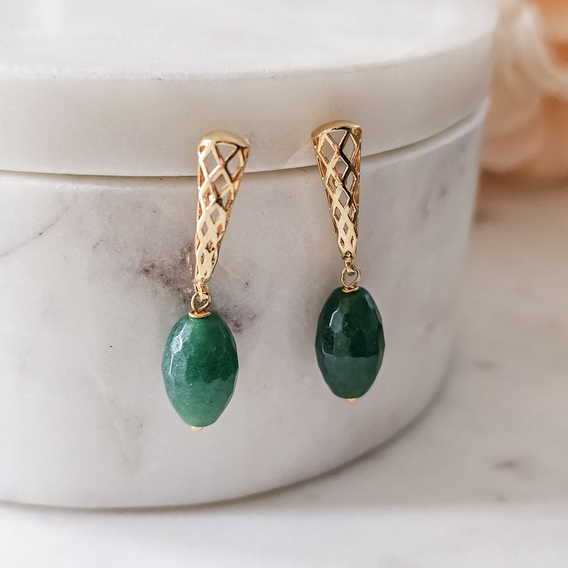 18K Gold Plated Green Jade Earrings