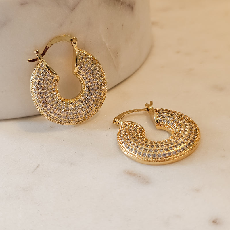 18K Gold Plated Thick Hoops Studded Zirconia Latch Back Earrings