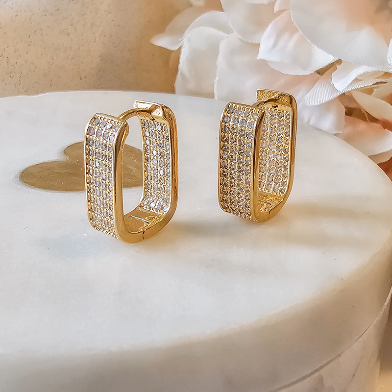 18K Gold Plated Thick Click Hoops Studded Zirconia Earrings