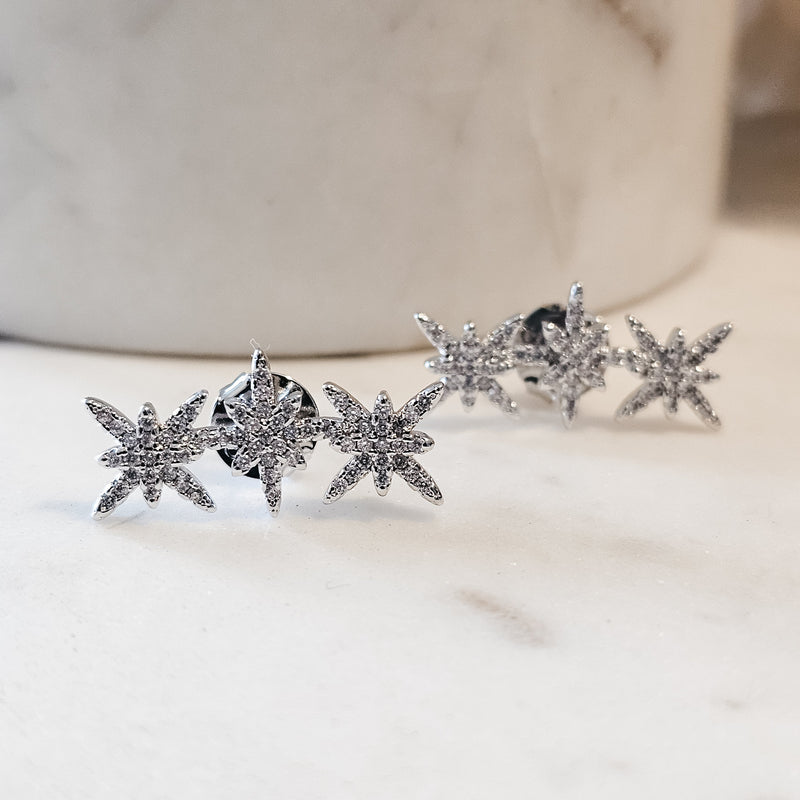 White Rhodium Plated Studded Zirconia Triple Star Earrings