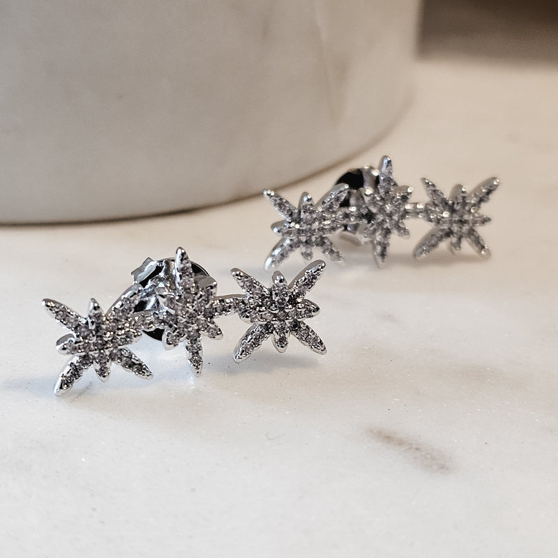 White Rhodium Plated Studded Zirconia Triple Star Earrings