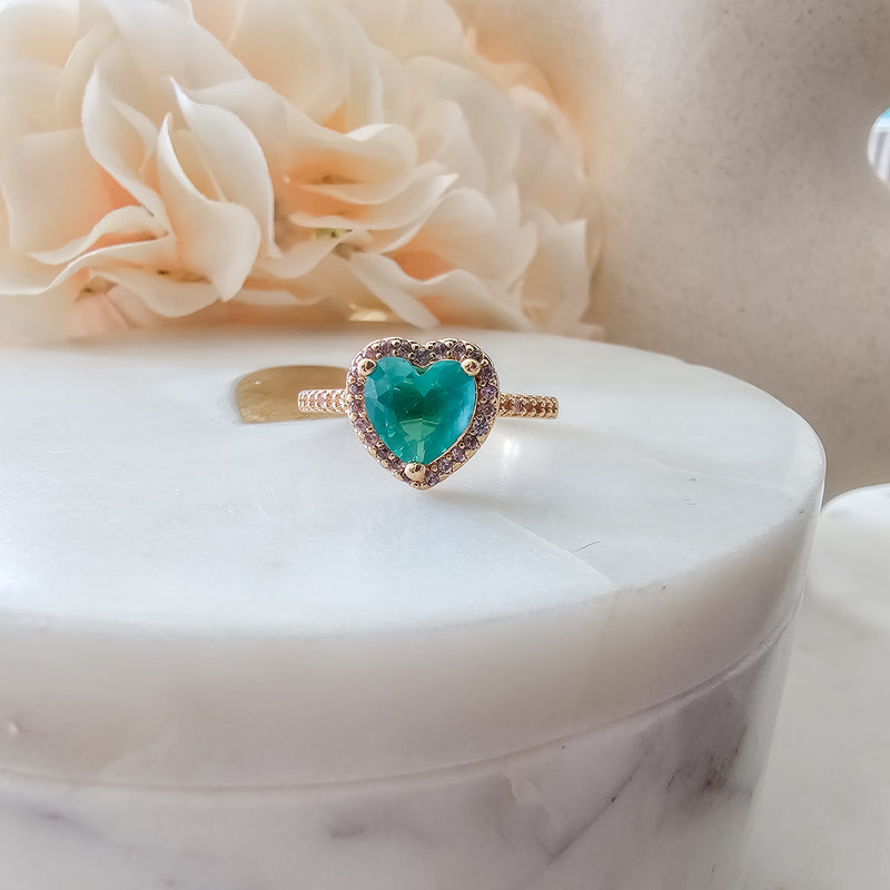 18K Gold Plated Green Tourmaline Heart Studded Zirconia Ring