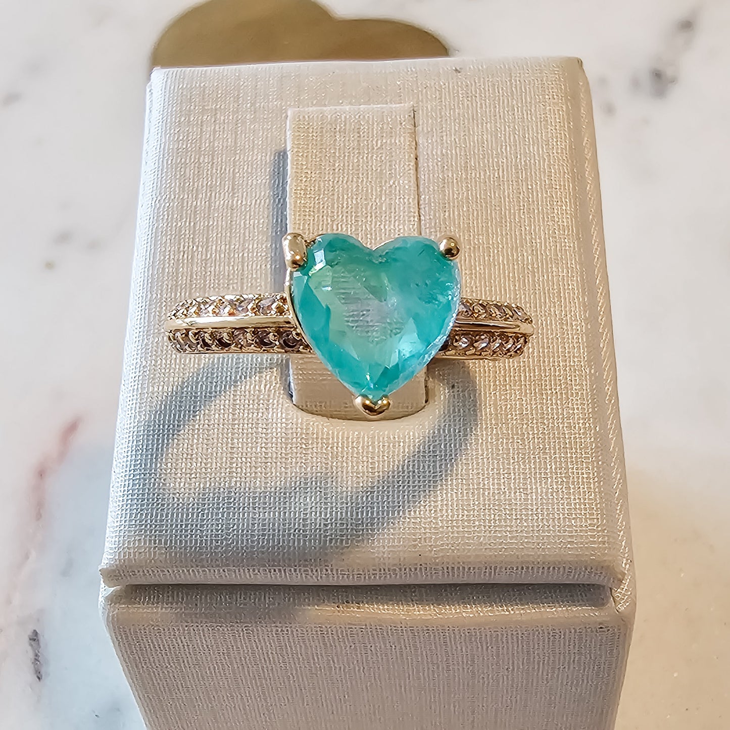 18K Gold Plated Green Tourmaline Heart Double Studded Zirconia Ring